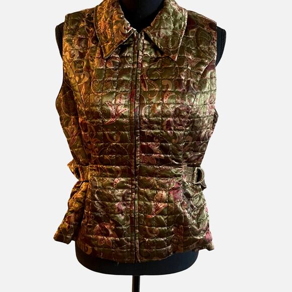 Vintage Petite Sophisticate Vest Large green paisley adjustable waist zip up - Picture 1 of 16